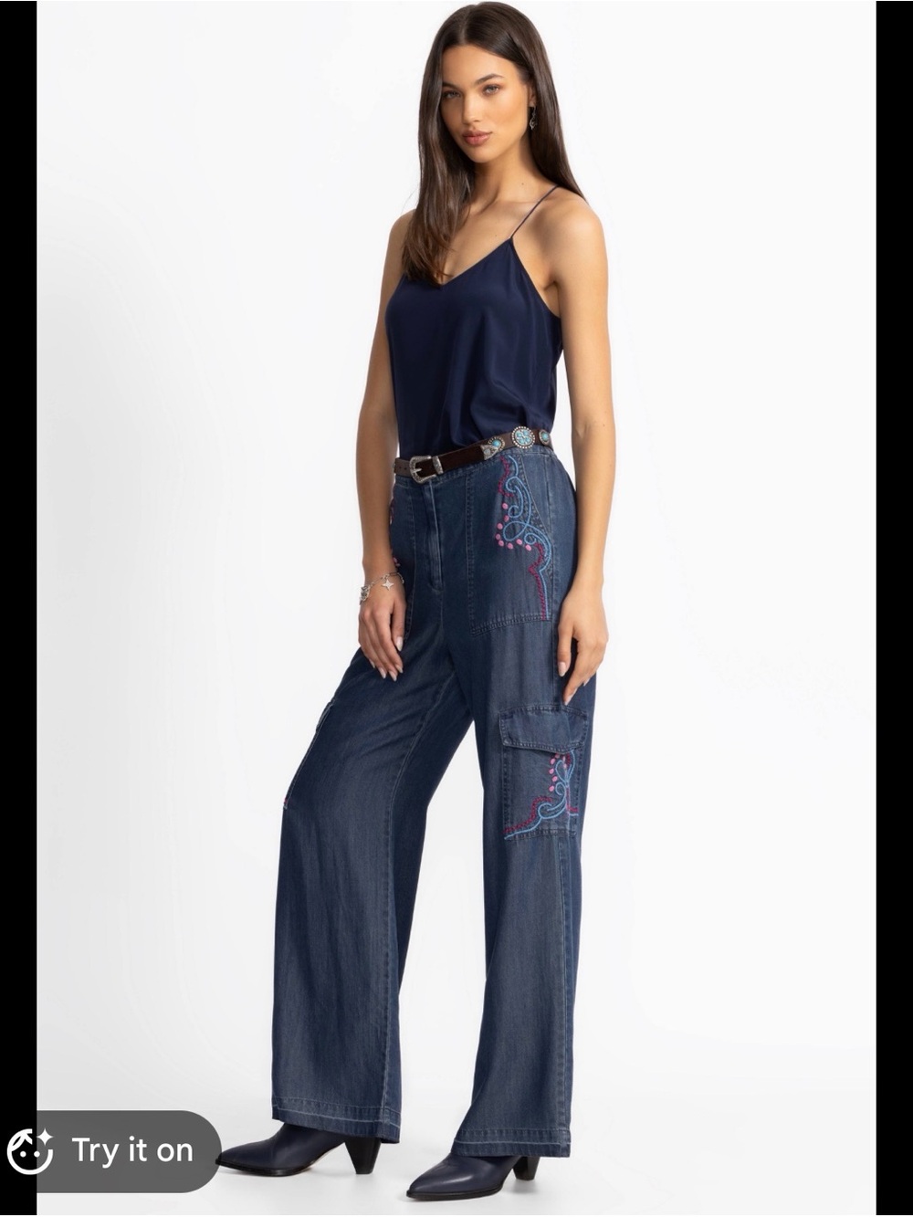 Johnny Was Navy Wide-Leg Embroidered Cargo Pants